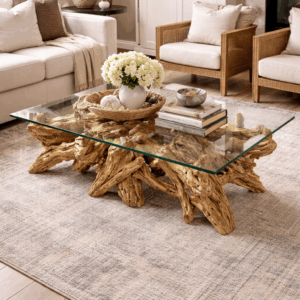 One-of-a-Kind Teak Root Glass Coffee Table