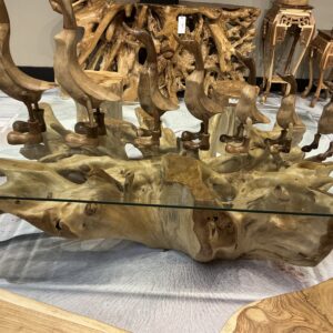 Glass top coffee table with wooden base 002