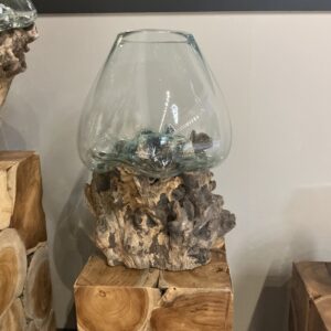 Large glass vase with wooden base 010