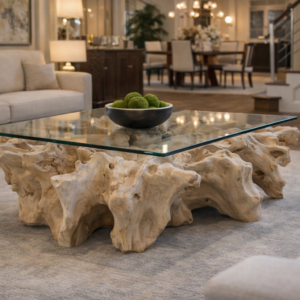 Root coffee table with glass top