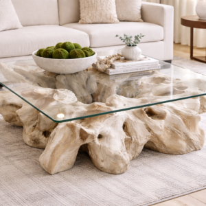 Teak root coffee table with glass top