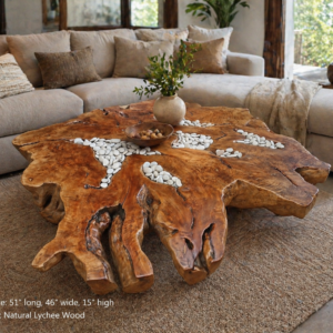 Natural Lychee Wood Coffee Table with White Stone Inlay