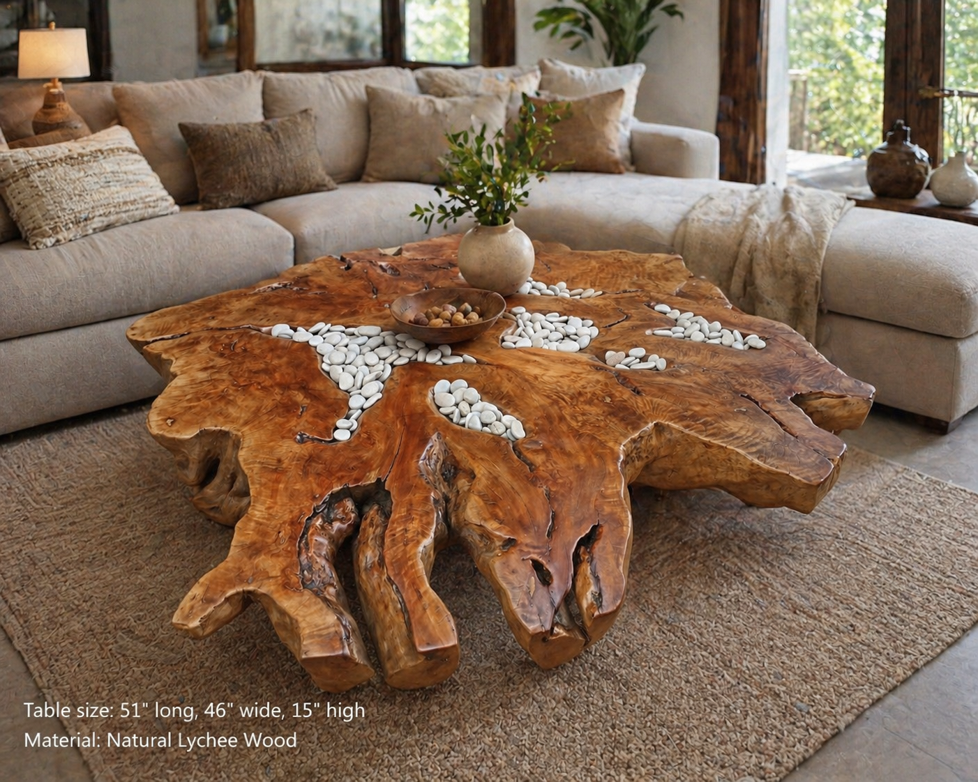 Natural Lychee Wood Coffee Table with White Stone Inlay
