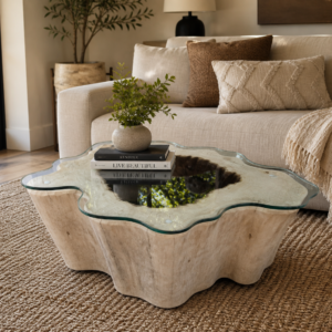 Tamarin Natural Wood Coffee Table with Glass Top