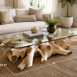 Bleached Teak Root Coffee Table with Glass Top