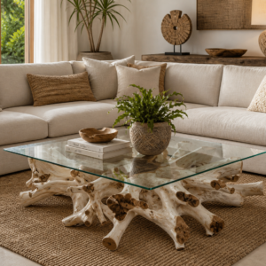Bleached Teak Root Coffee Table with Glass Top