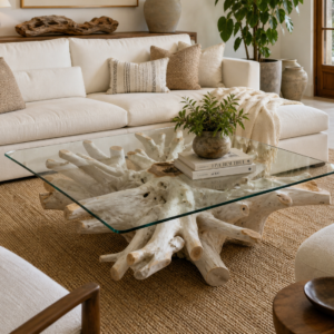 Bleached Teak Root Coffee Table with Glass Top