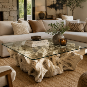 Bleached Teak Root Coffee Table with Glass Top