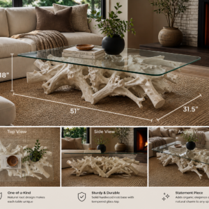 Bleached Teak Root Coffee Table with Glass Top