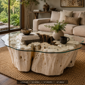 Bleached Tamarin Wood Coffee Table with Glass Top