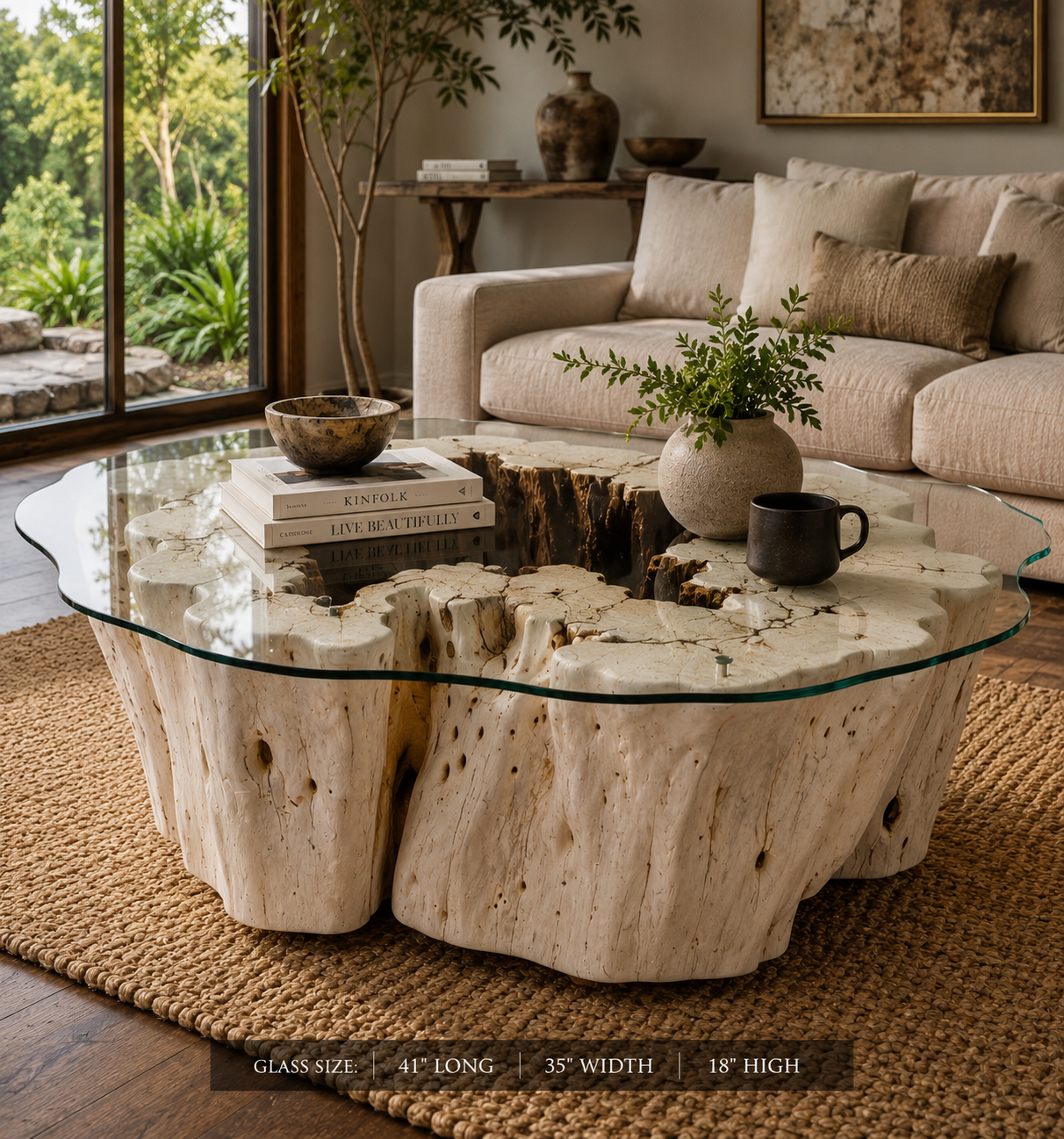 Bleached Tamarin Wood Coffee Table with Glass Top