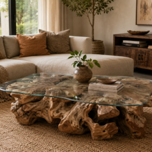 Teak Root Coffee Table with Organic Glass Top