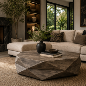Geometric Teak Coffee Table — Grey Antique