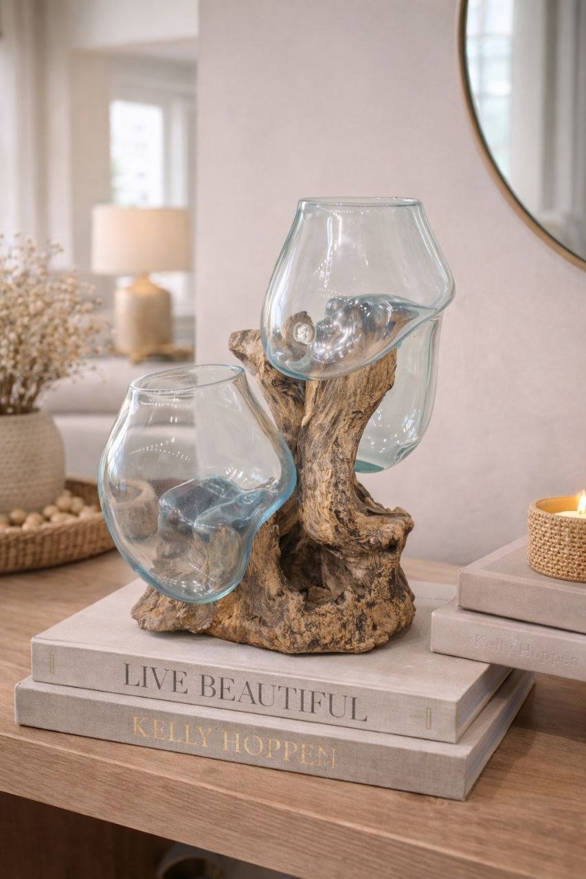 Handcrafted Glass & Wood Decorative Sculpture