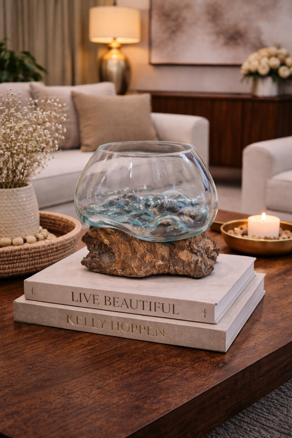 Handcrafted Glass Bowl on Natural Wood Base