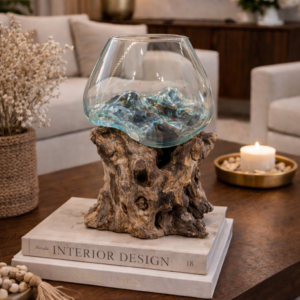 Molten Glass Bowl on Teak Wood Base – Handcrafted Statement Piece