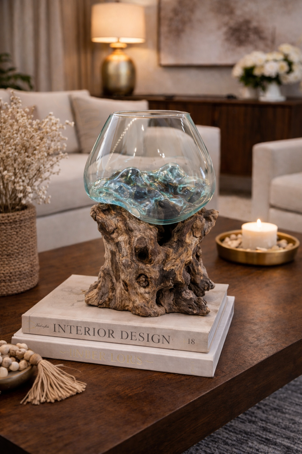Molten Glass Bowl on Teak Wood Base – Handcrafted Statement Piece
