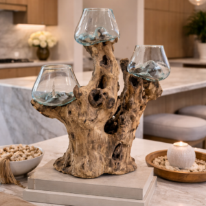 Molten Glass Bowls on Teak Wood Sculpture – Handcrafted Statement Piece