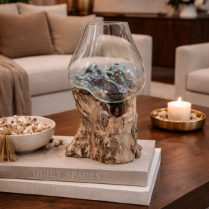 Molten Glass Bowl on Teak Wood Base – Handcrafted Accent