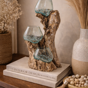 Molten Glass on Teak Wood Sculpture – 3 Glass Bowls