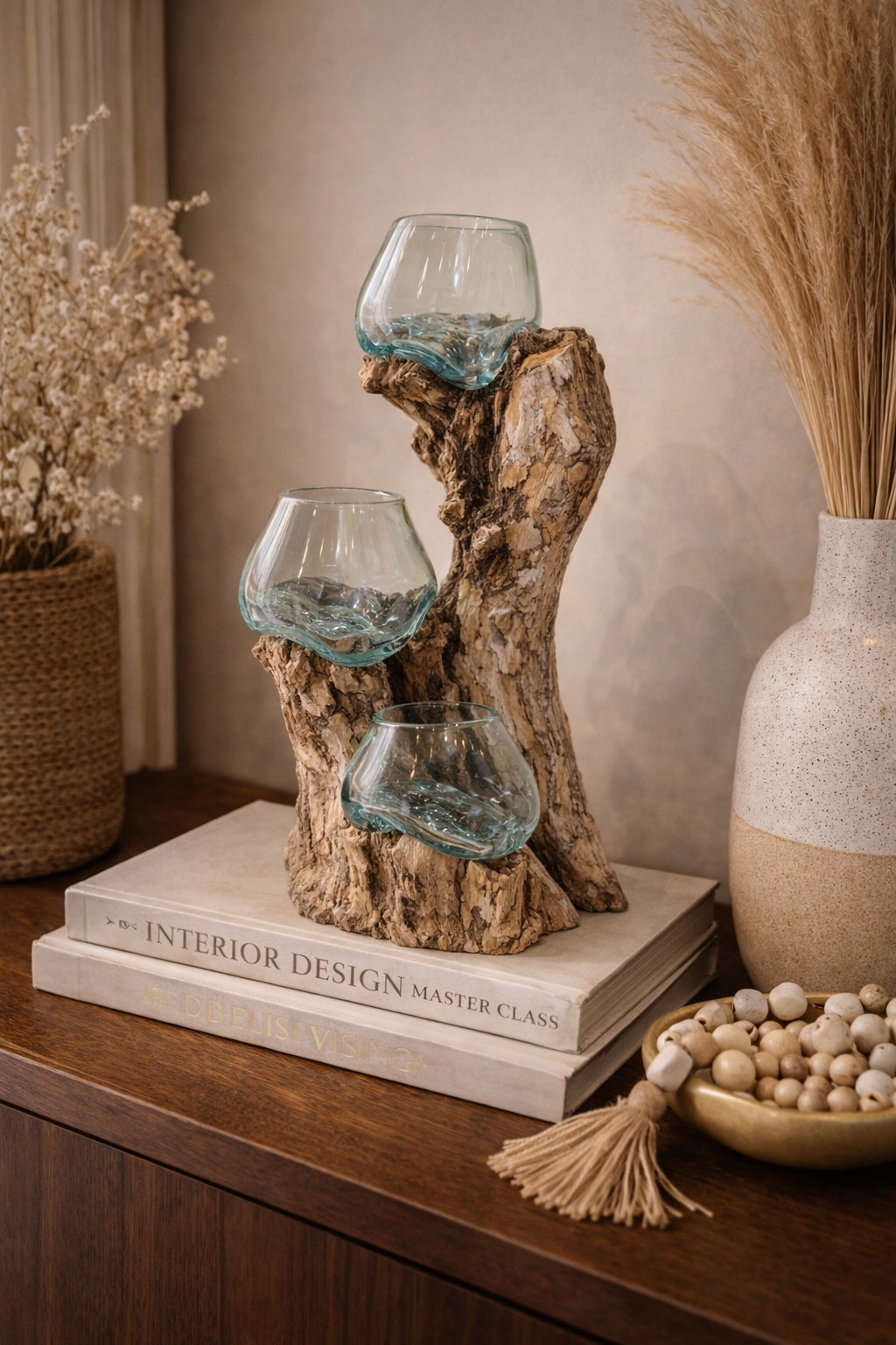 Molten Glass on Teak Wood Sculpture – 3 Glass Bowls