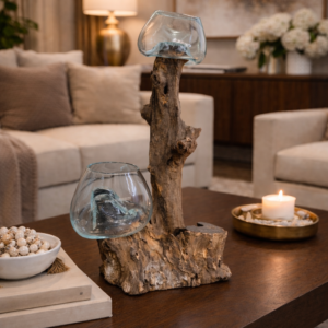 Molten Glass on Teak Wood Accent Piece – Handcrafted