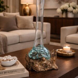 Molten Glass on Teak Wood Vase – Handcrafted Décor