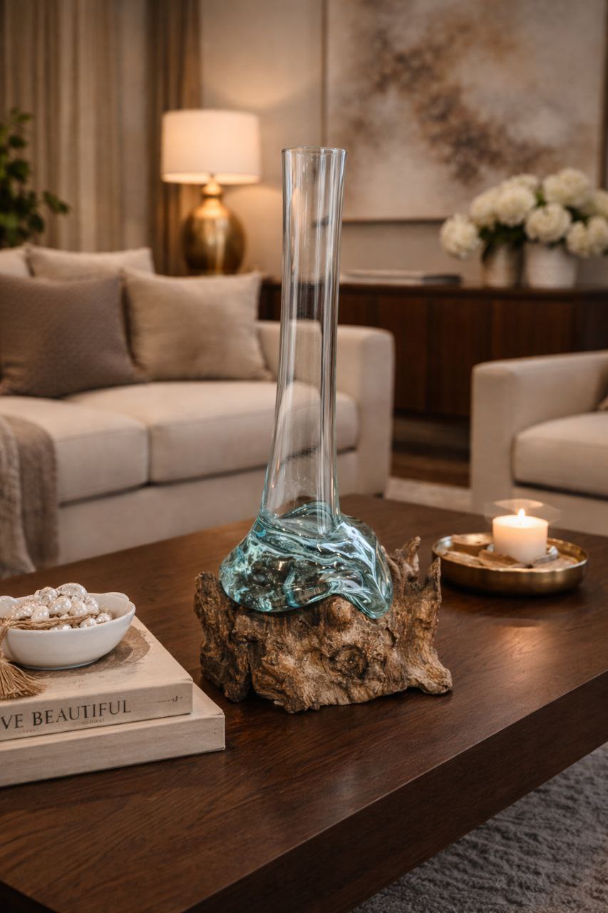 Molten Glass on Teak Wood Vase – Handcrafted Décor
