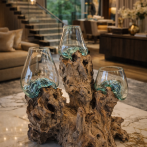 Molten Glass on Teak Wood Sculpture – One of a Kind