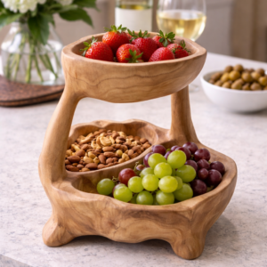 Handcrafted Teak Wood Two-Tier Bowl Stand