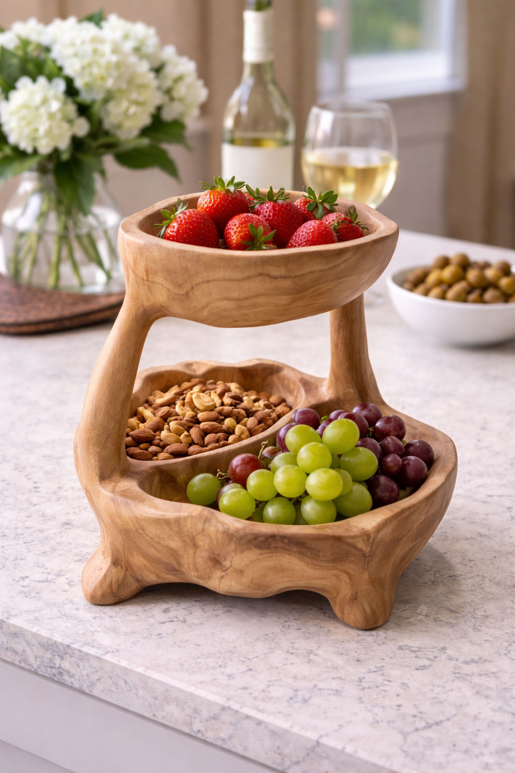 Handcrafted Teak Wood Two-Tier Bowl Stand