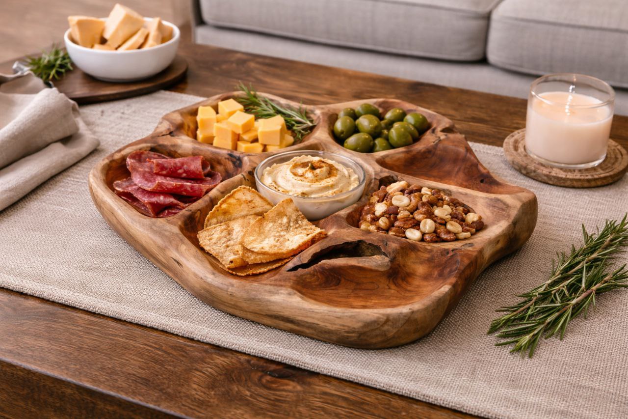 Handcrafted Teak Wood Sectional Serving Tray
