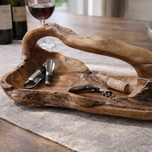 Handcrafted Teak Wood Decorative Tray with Natural Handle