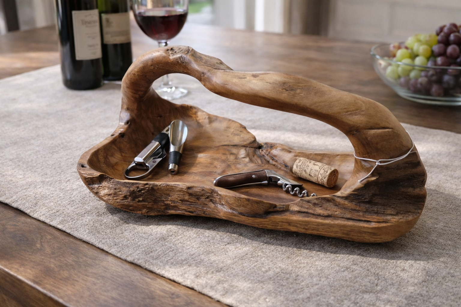 Handcrafted Teak Wood Decorative Tray with Natural Handle