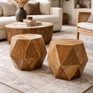 Geometric Teak Wood Stool / Side Table