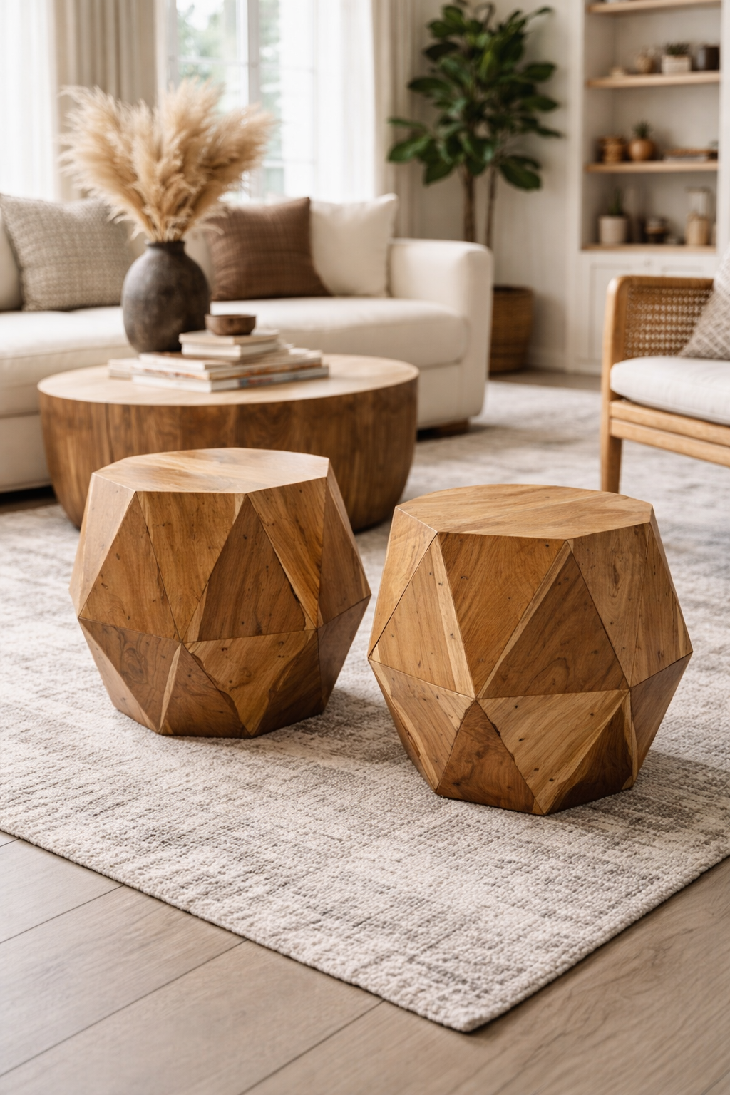 Geometric Teak Wood Stool / Side Table