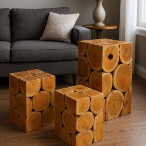 Solid Wood Log Block Pedestal / Side Table