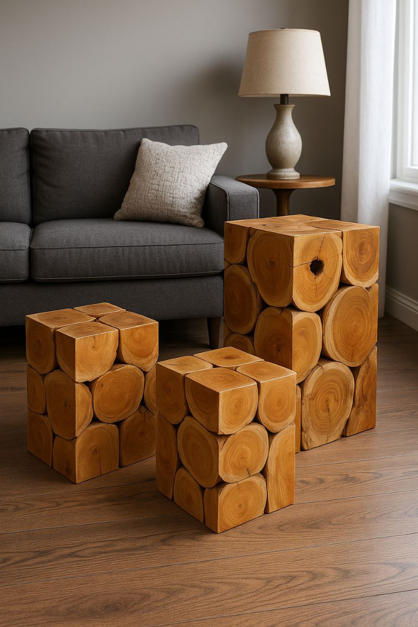 Solid Wood Log Block Pedestal / Side Table