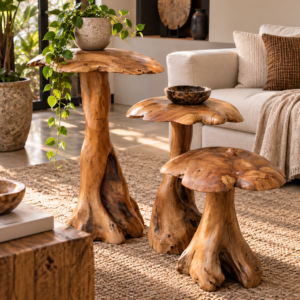 Handcrafted Teak Wood Mushroom Accent Tables