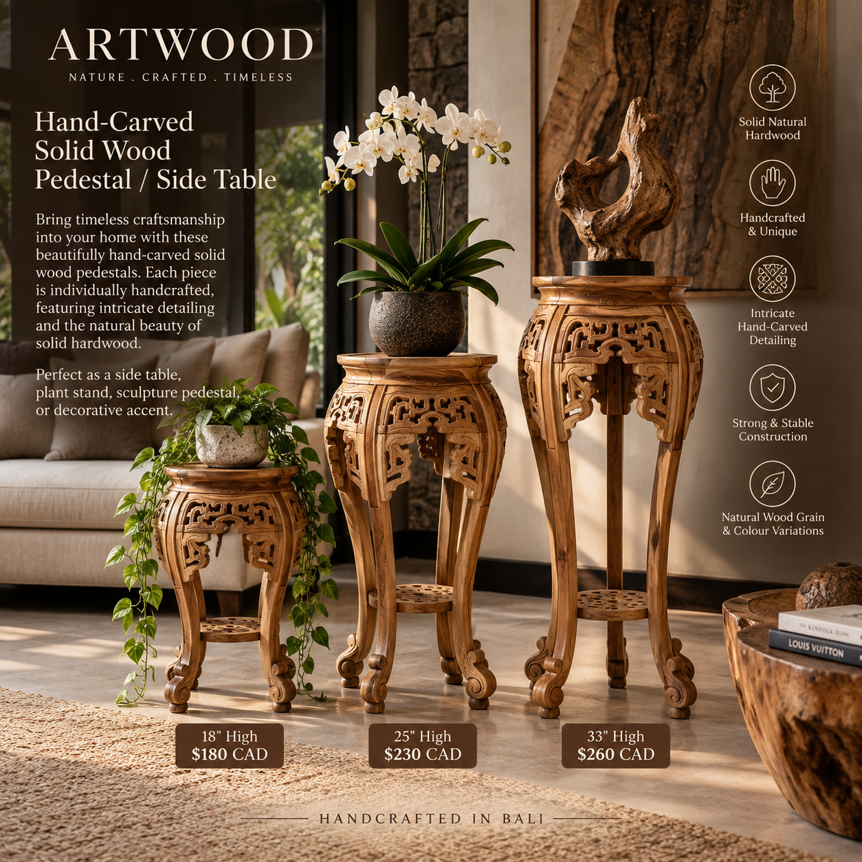 Hand-Carved Solid Wood Pedestal / Side Table