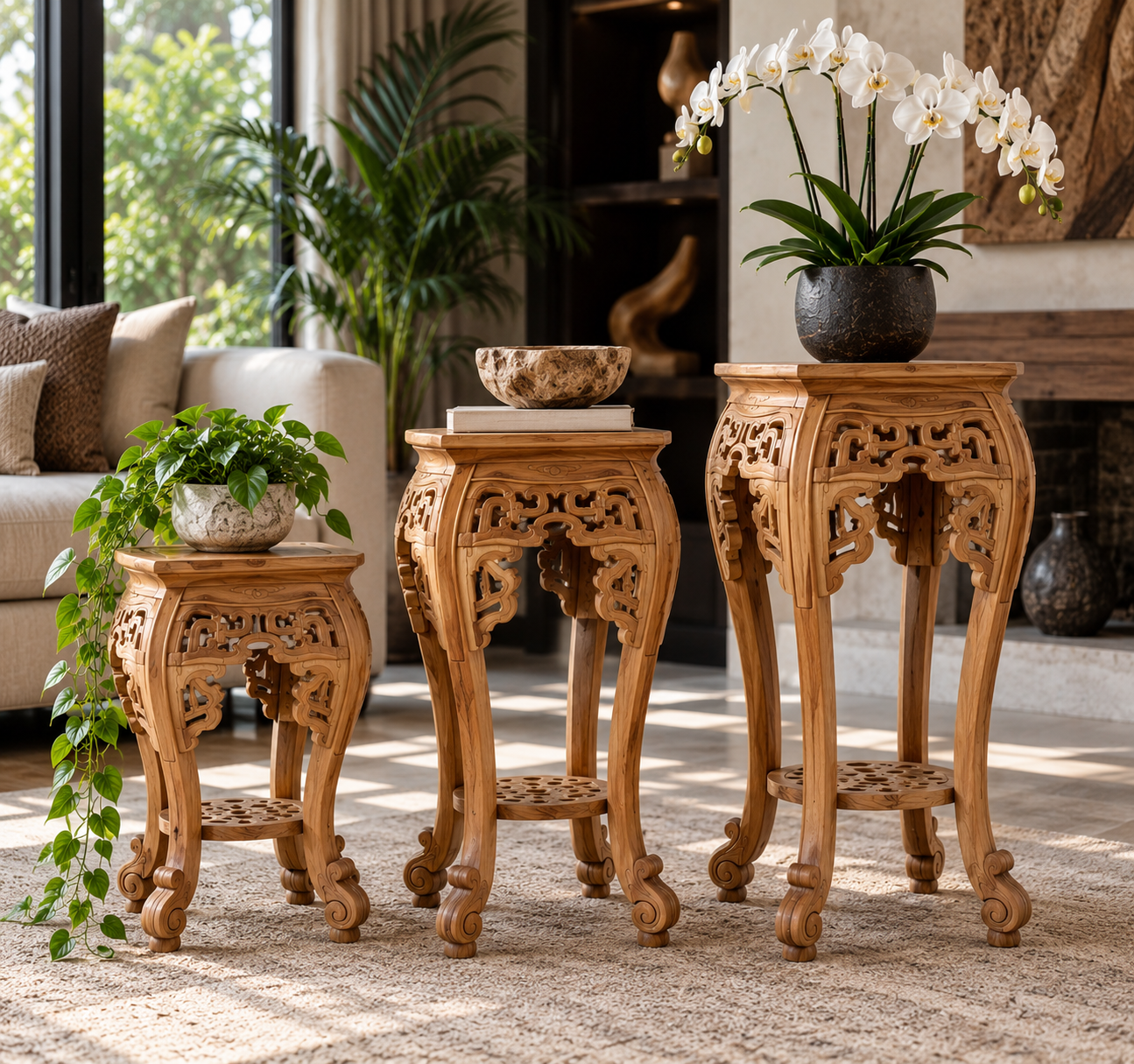 Hand-Carved Solid Wood Pedestal / Side Table - Image 2